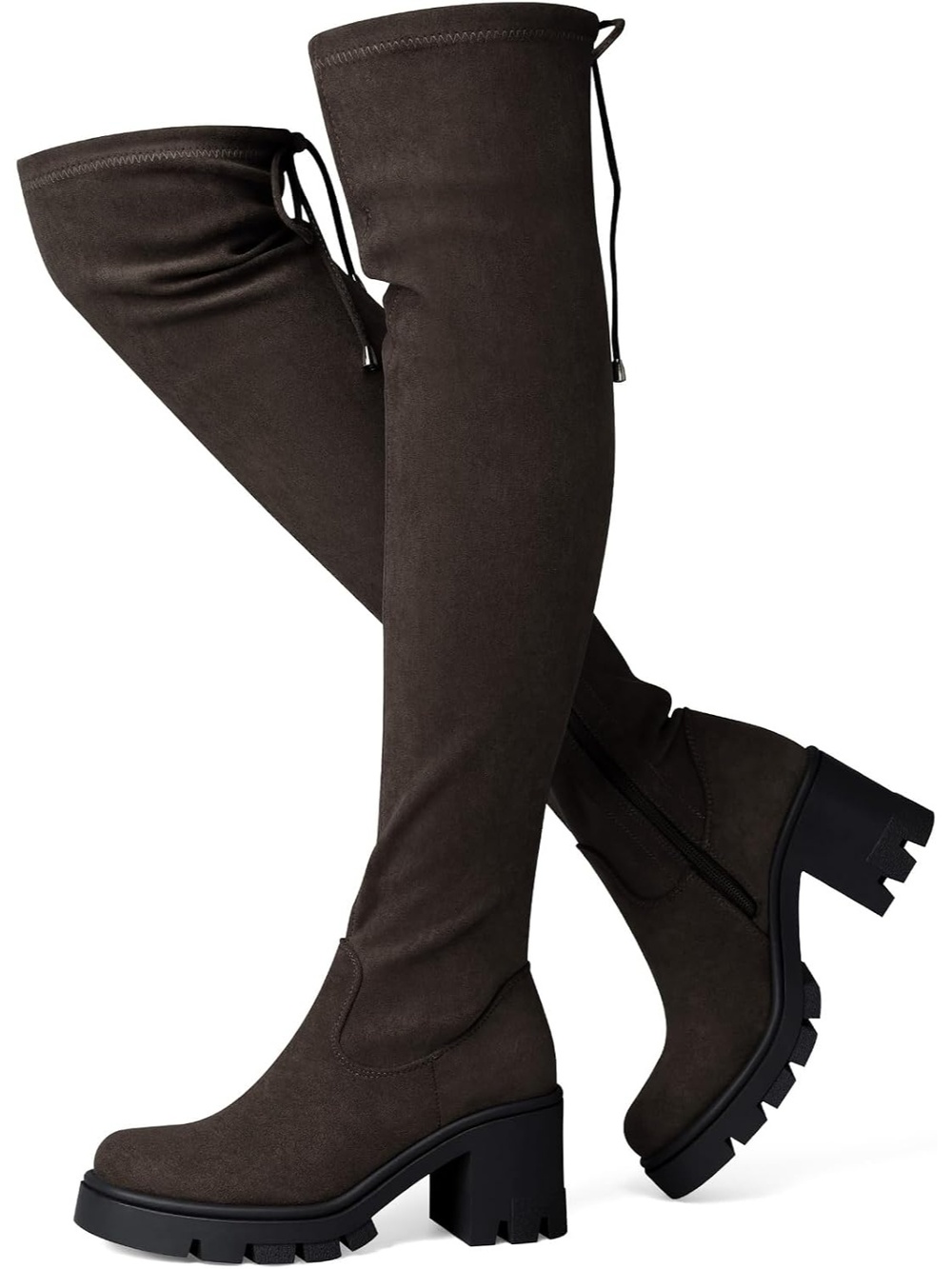 Women's Brown Side Zipper Over The Knee Chunky Platform Heel Thigh High Boots